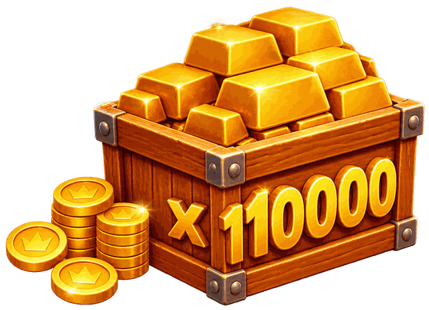 Holztruhe voller Goldbarren und Münzen mit einem Multiplikator x10.000