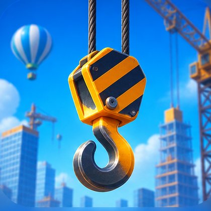 Gelb-schwarzer Kranhaken über einer Baustelle in Tower Dash